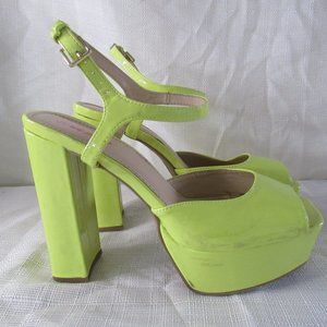 Chunky Flare Heel, Platform Sandal; Neon Green; Women's Size 10